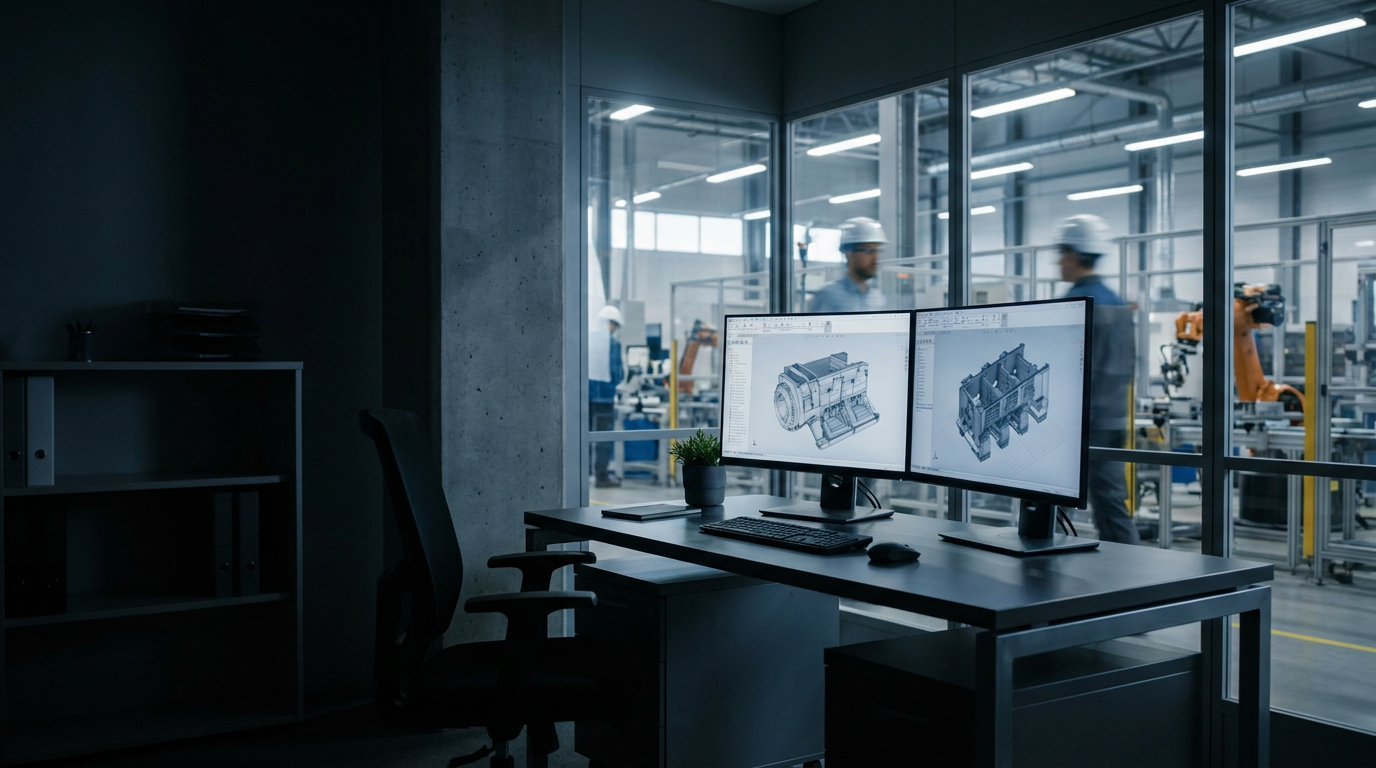 Industrial CAD engineering workstation overlooking active plant floor