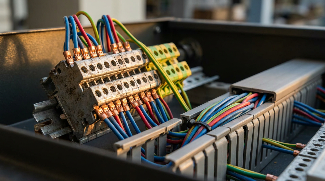 Macro photograph of rugged industrial DIN-rail screw terminal blocks with electrical control wiring