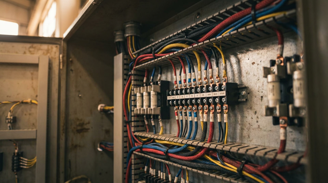 Macro industrial automation wiring and terminal points inside electrical control panel