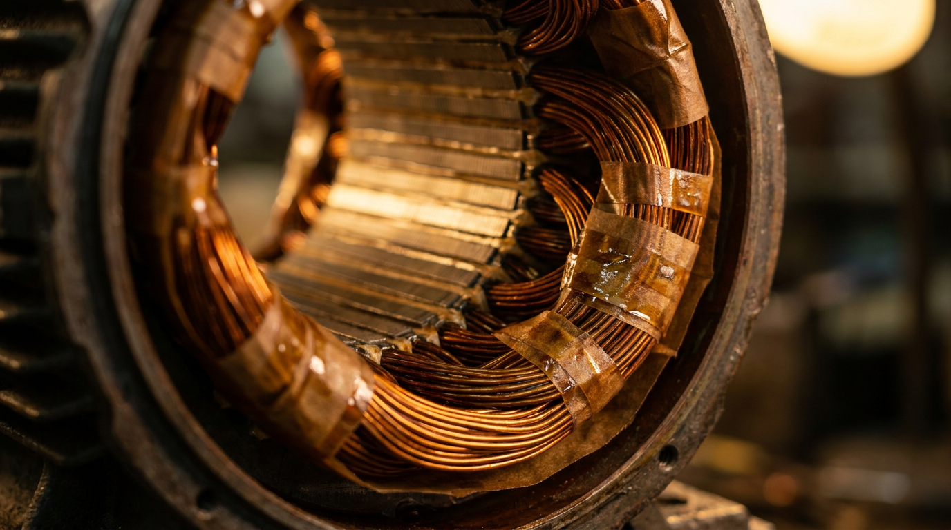 Macro photograph of precision copper magnet wire coils wound into an industrial electric motor stator