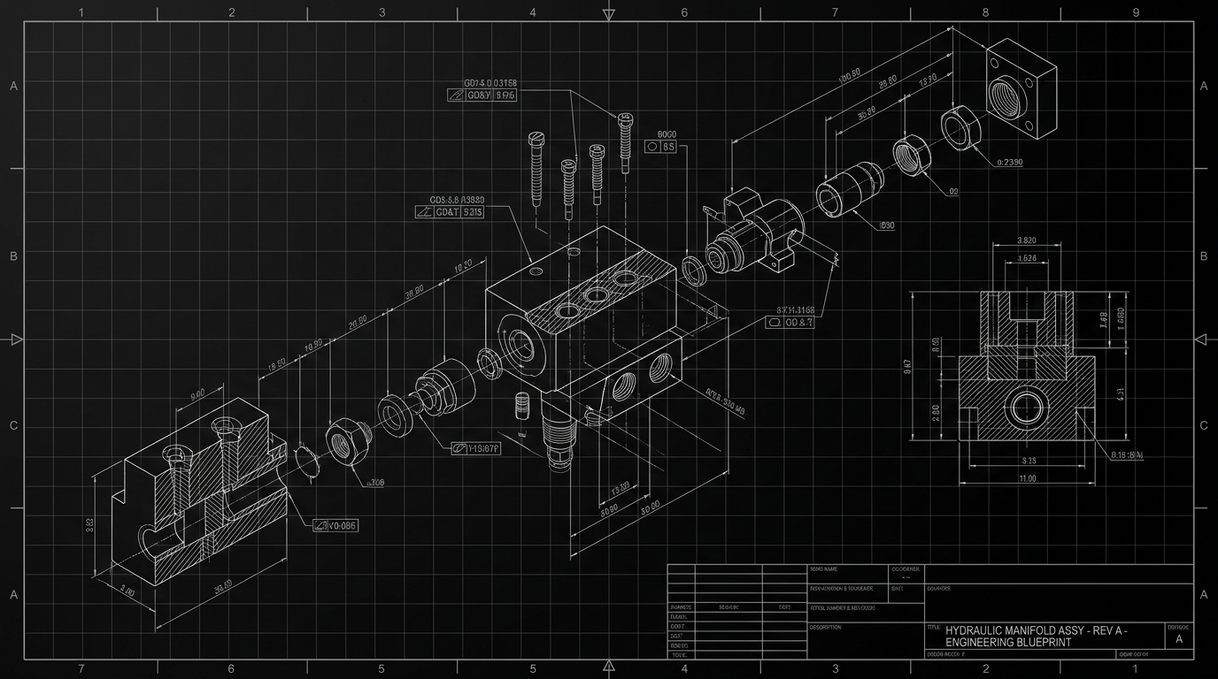Exploded hydraulic manifold CAD engineering blueprint
