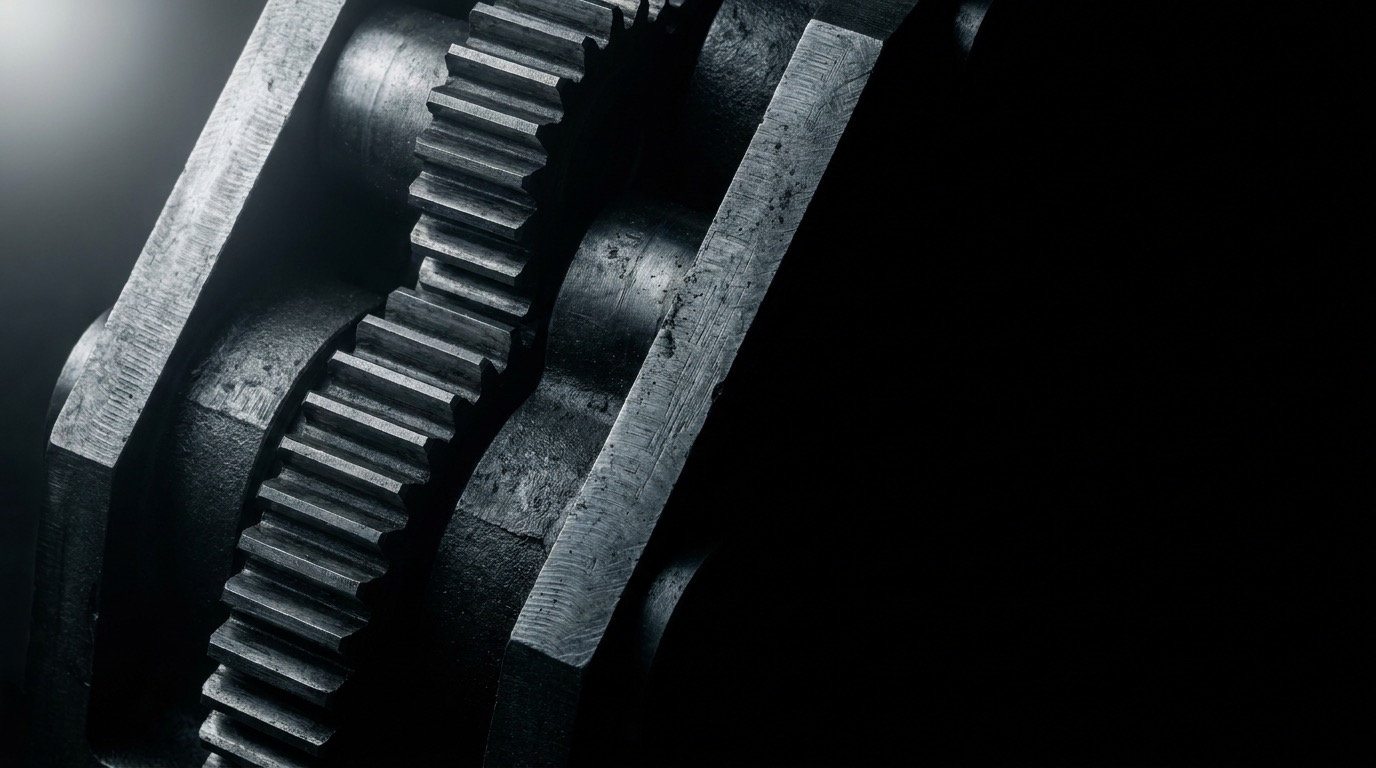Macro detail of heavy-duty machined steel industrial manifold with interlocking gears