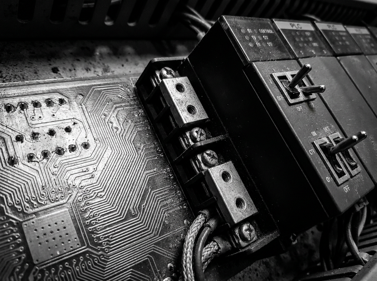 Industrial PLC control module, PCB traces, and terminal blocks