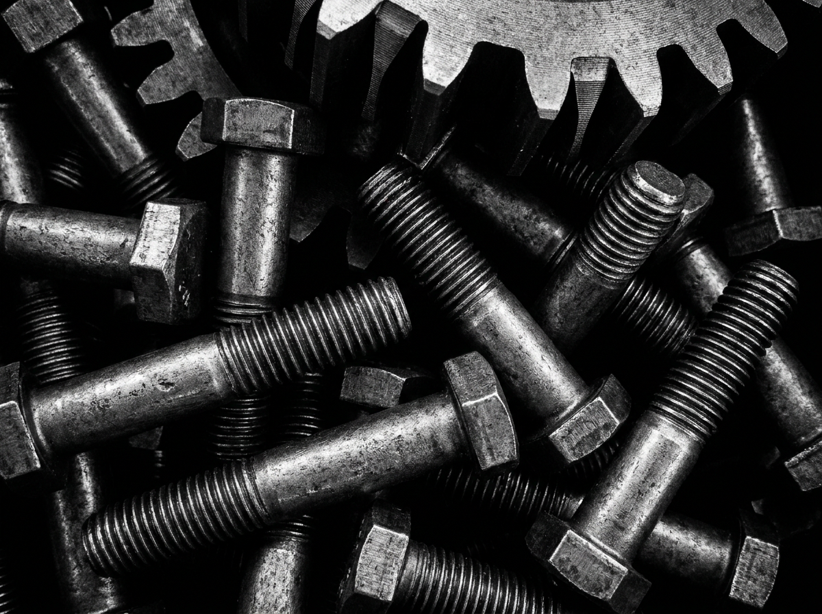 Monochrome close-up of high-tensile alloy industrial bolts, forged fasteners, and gear teeth