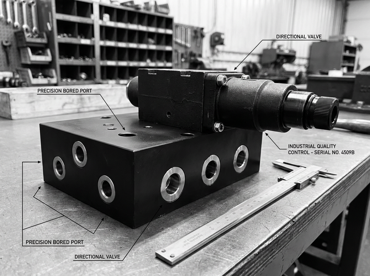 Heavy-duty hydraulic manifold block and directional control valve assembly