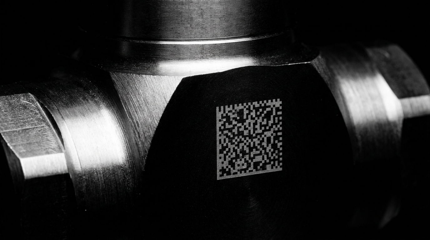 Precision CNC-milled stainless steel industrial valve housing with laser-etched GS1 2D Data Matrix code