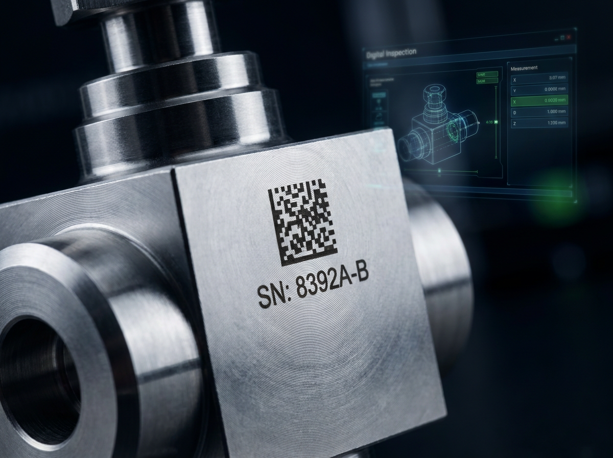 Precision CNC-machined stainless steel component with laser-etched 2D Data Matrix barcode